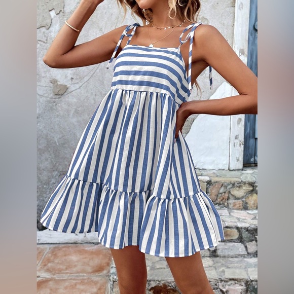 Tied sleeve striped pink white mini smock dress boho preppy - Picture 2 of 3